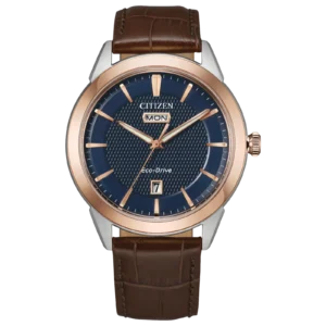 Citizen Rolan AW0096-06L - diseño elegante con correa de piel marrón y función de día y fecha
