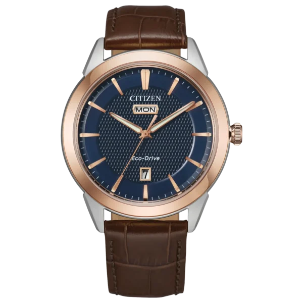 Citizen Rolan AW0096-06L - diseño elegante con correa de piel marrón y función de día y fecha