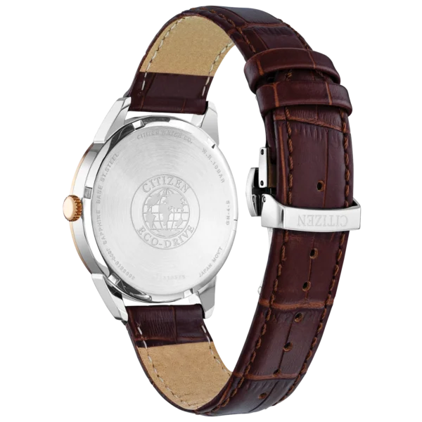 Reloj Citizen Rolan con caja de acero inoxidable oro rosa y esfera azul marino, ideal para uso diario