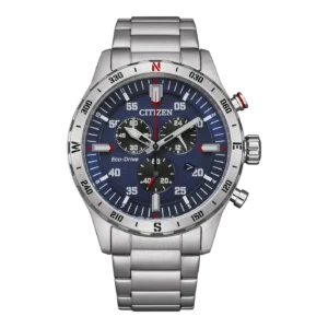 Reloj Citizen Sports con caja de acero inoxidable plateado y esfera azul, ideal para aventuras.