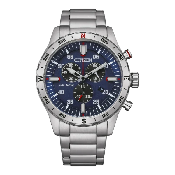 Reloj Citizen Sports con caja de acero inoxidable plateado y esfera azul, ideal para aventuras.