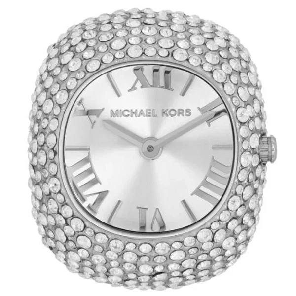 Anillo reloj Michael Kors Rylee MK4848 plateado con cristales de pavé, dial blanco y números romanos