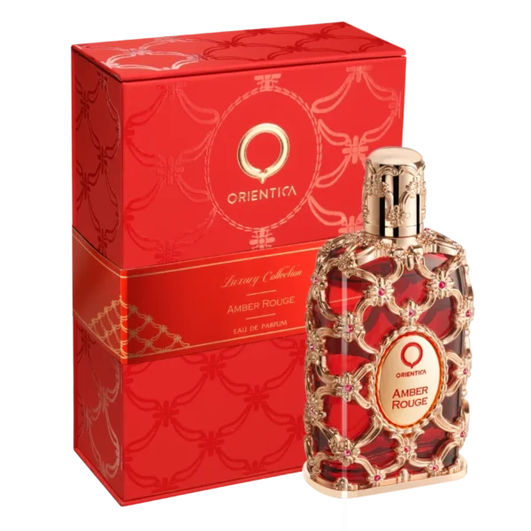 Perfume unisex Orientica Amber Rouge, frasco rojo con detalles dorados