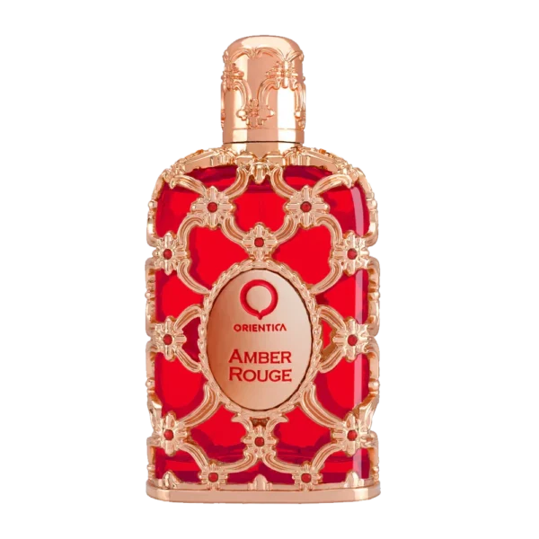 Perfume unisex Orientica Amber Rouge, frasco rojo con detalles dorados