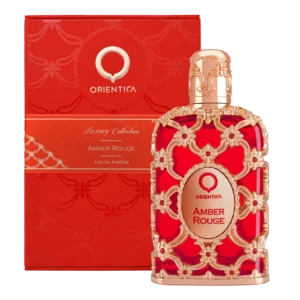 Perfume unisex Orientica Amber Rouge, frasco rojo con detalles dorados
