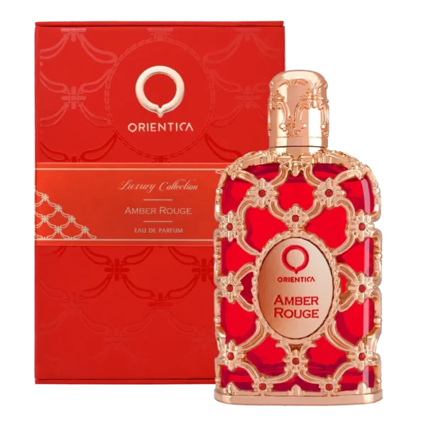 Perfume unisex Orientica Amber Rouge, frasco rojo con detalles dorados