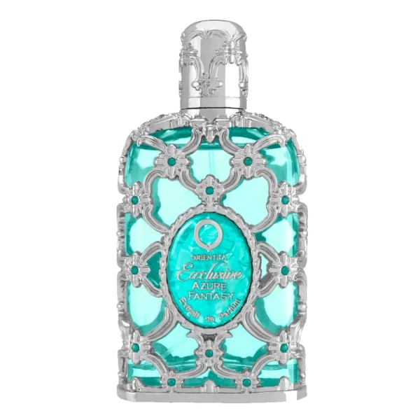Perfume Orientica Azure Fantasy Extrait De Parfum 80ml, fragancia unisex fresca y sofisticada, frasco azul turquesa elegante