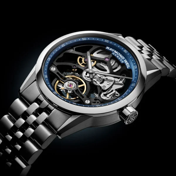 Reloj Raymond Weil con volante visible y cristal de zafiro, ideal para coleccionistas