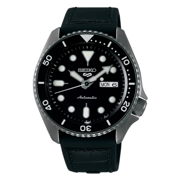 Reloj Seiko 5 Sports con esfera negra, índices LumiBrite y cristal Hardlex