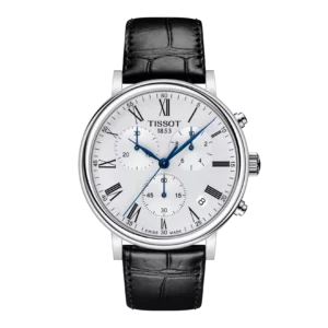 Tissot Carson Chronograph con esfera blanca y correa de cuero negro