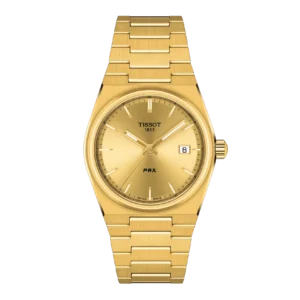 Vista frontal del reloj Tissot PRX dorado con cristal de zafiro