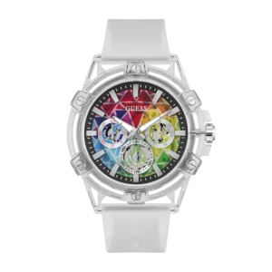Reloj Guess GW0908G3 Pride Limited Edition transparente, con diseño de arcoíris y funciones multifunción
