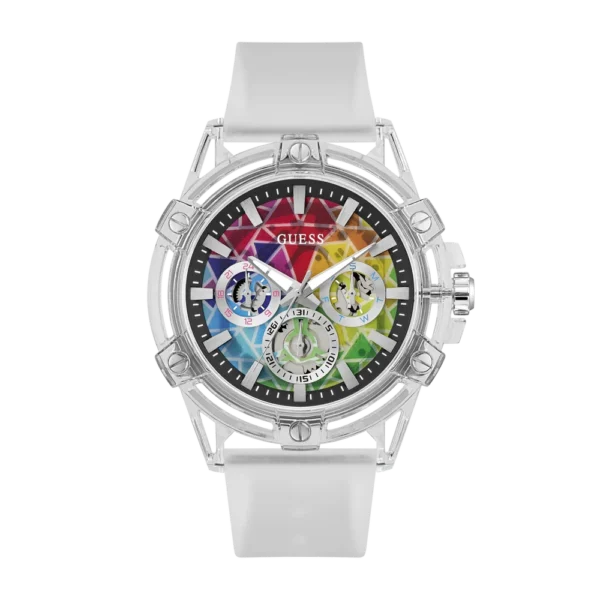 Reloj Guess GW0908G3 Pride Limited Edition transparente, con diseño de arcoíris y funciones multifunción