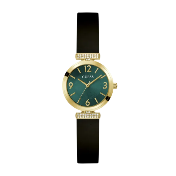 Reloj GUESS Array GW0912L4 para mujer con caja dorada y dial verde, disponible en Barranquilla.