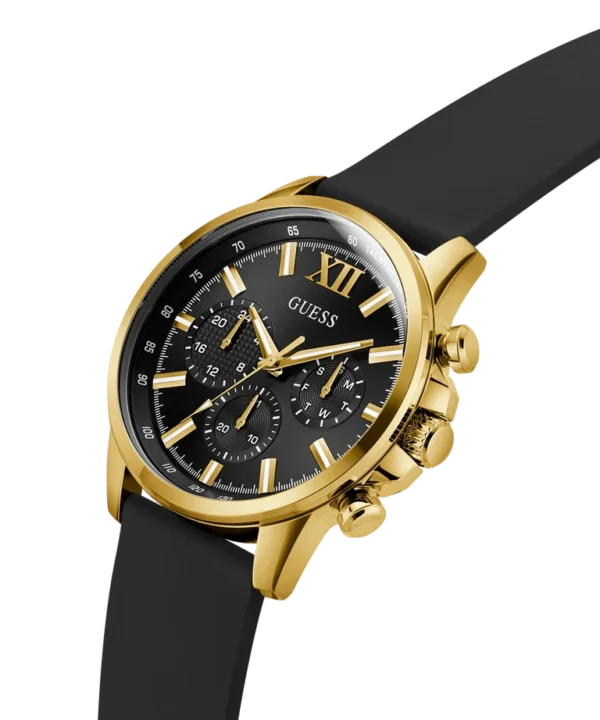 Primer plano del reloj Guess GW0913G2 para hombre, destacando sus funciones de fecha y día, perfecto para Barranquilla y Colombia