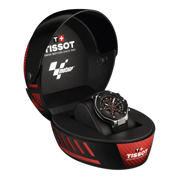 Estuche en forma de casco del Tissot T-Race MotoGP 2025, reloj de colección disponible en Colombia.
