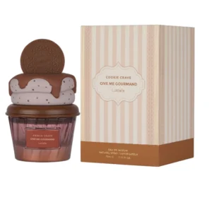 Perfume Lattafa Cookie Crave Give Me Gourmand EDP con su caja de presentación original. Producto 100% auténtico para Mundo Reloj.