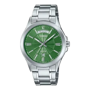 Reloj Casio MTP‑1381D‑3AVDF con dial verde y correa de acero inoxidable