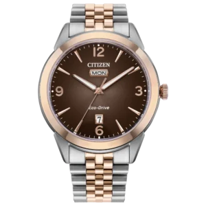 Reloj Citizen Rolan AW0156‑57X bicolor con dial café degradado y cristal de zafiro