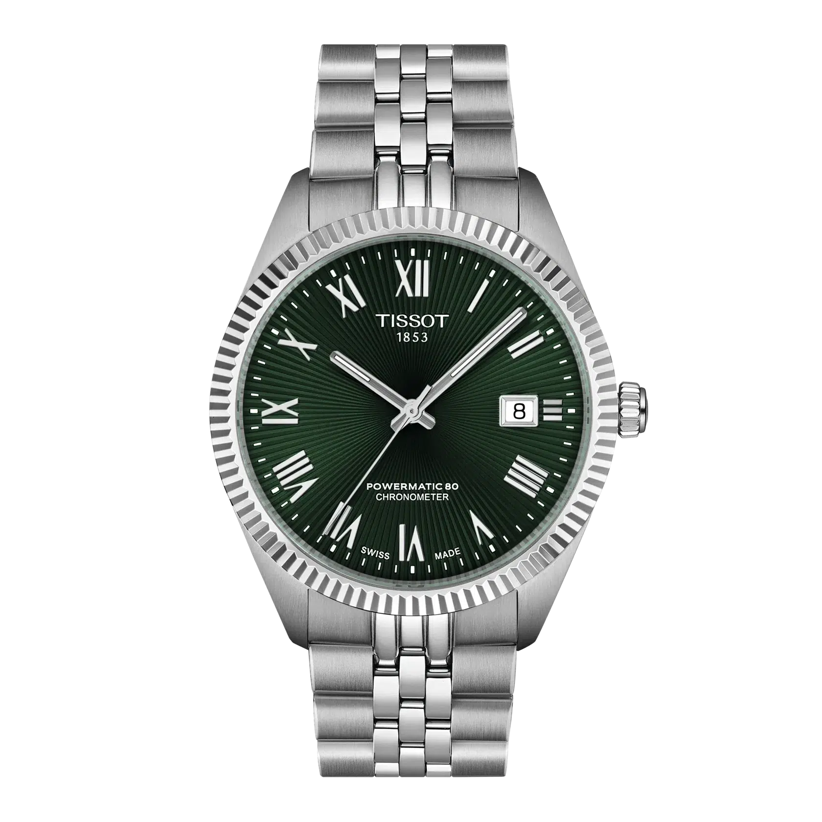 Reloj Tissot Ballade 39mm Powermatic 80 COSC con esfera verde y brazalete de acero.