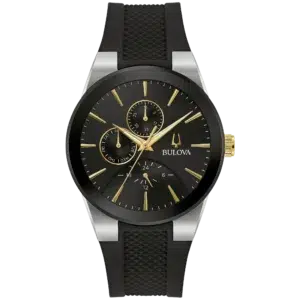 Bulova Milenios 98C146 con esfera negra, acentos dorados y correa de silicona