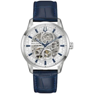 Bulova Sutton 96A330 con esfera plateada y correa azul de cuero