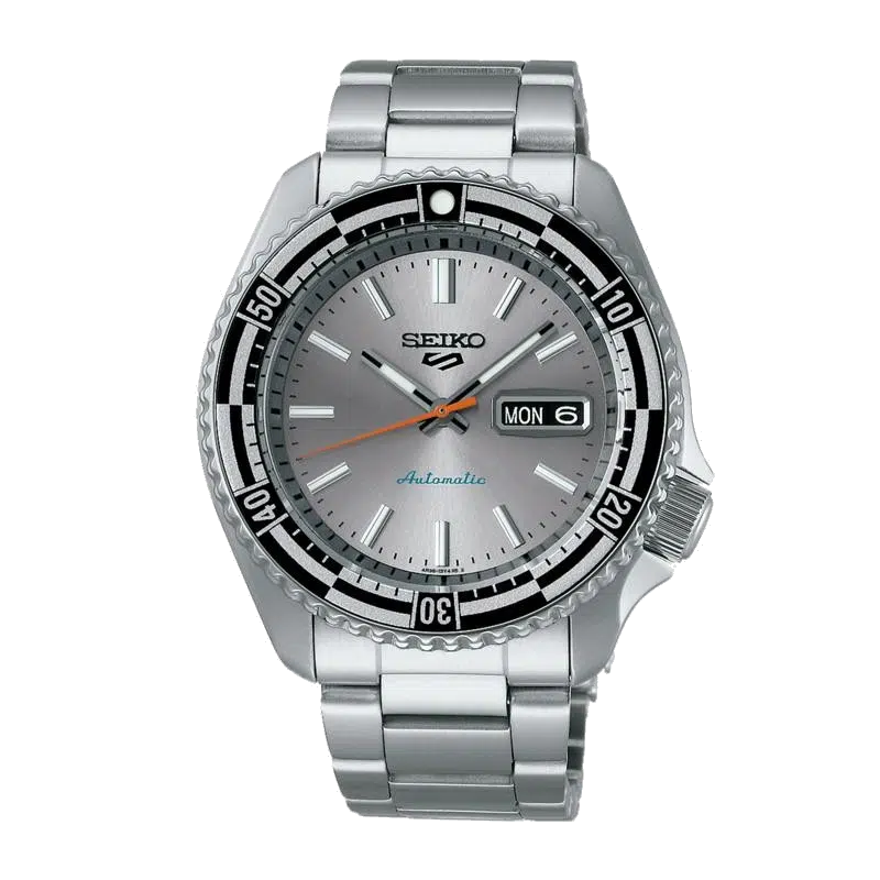 Seiko 5 Sports SRPK09K1 automático con esfera plateada y bisel unidireccional
